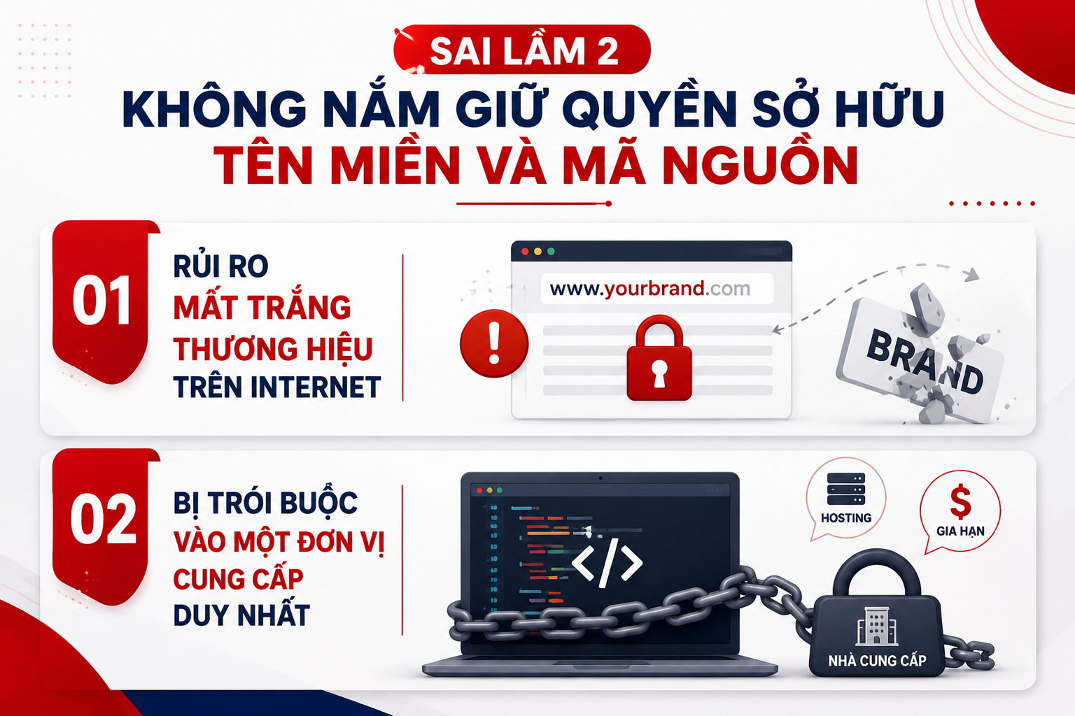 Sai lầm 2: Không nắm giữ quyền sở hữu tên miền và mã nguồn